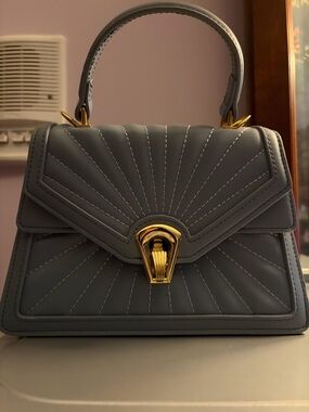 Structured Top-Handle Satchel in Slate Blue with Gold Accent